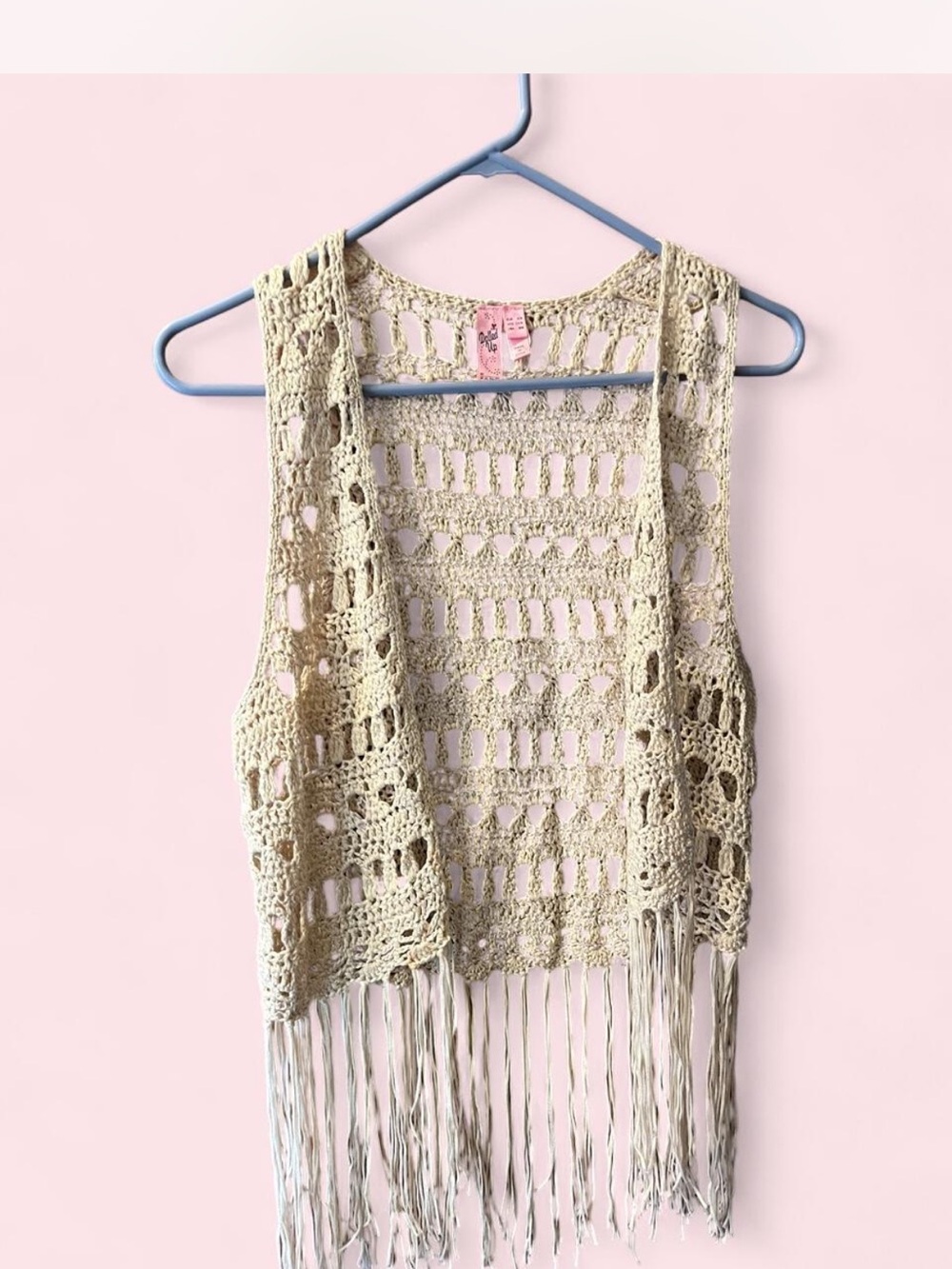 Dolled Up Beige Crochet Fringe Open-Front Vest